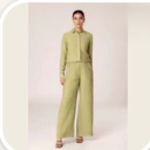 Hanan Textured Button Down Top & Wide Leg Pants - Cypress Green